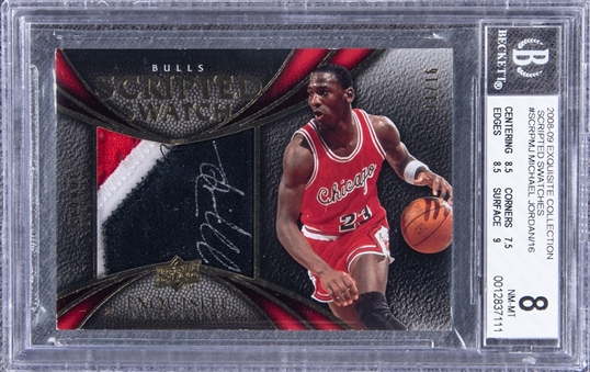2008-09 UD “Exquisite Collection” Scripted Swatches #SCRPMJ Michael Jordan Signed Game Used Patch Card (#11/16) - BGS NM-MT 8/BGS 10